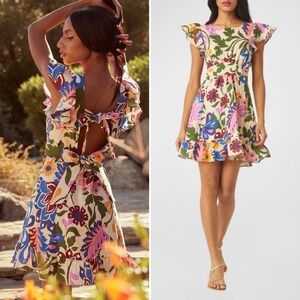 MISA Los Angeles Belinda dress Floral Ruffle Linen Size XS Chic Sexy Flirty Cute